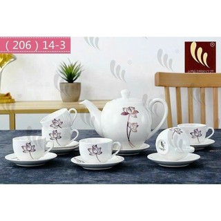 Bộ tách trà sứ tráng men gồm 1 ấm trà, 6 tách trà quai sứ, kèm 6 dĩa lót đựng ly dùng làm quà tặng, trang trí bàn khách