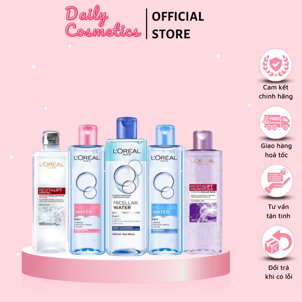 Nước Tẩy Trang L'Oreal Paris 3in1 Micellar Water - Làm Sạch, Dưỡng Ẩm Cho Mọi Loại Da (95ml/400ml)