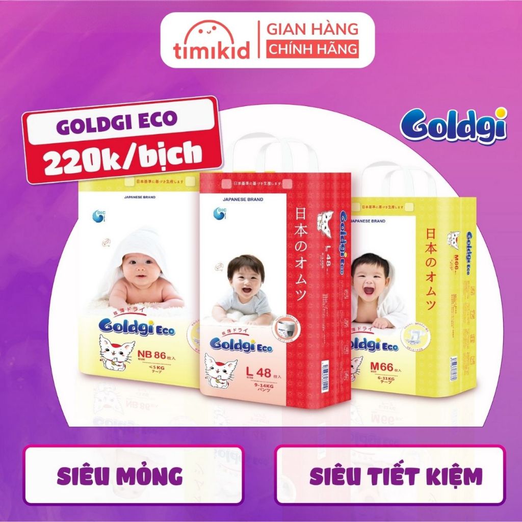 Bỉm Quần/Dán GOLDGI+ ECO M60/L48/XL44/XXL32 Mẫu Mới Cho Bé Nội Địa Nhật