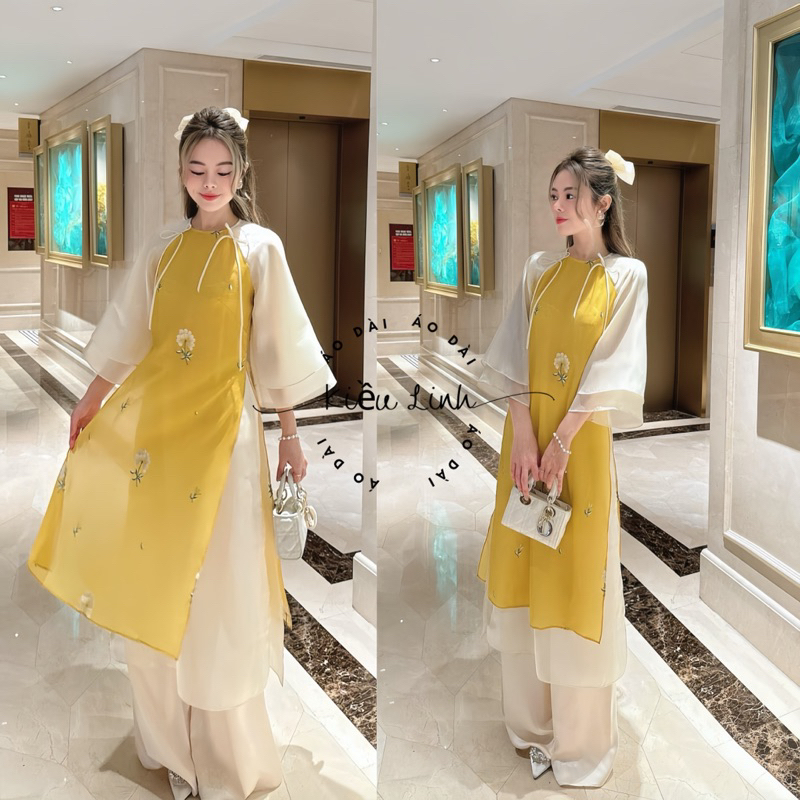 Áo dài cách tân Vàng Anh thêu hoa nổi đẹp, vải von tơ mềm loại 1 , Áo Dài Kiều Linh ADKL0021