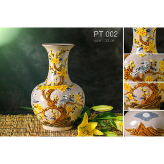 Bình dáng tỏi men rạn cao 33cm, họa tiết đắp nổi thủ công”Mai vàng- chim công, chim én”. Gốm sứ Bát Tràng.