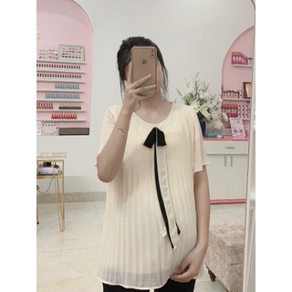 Áo bầu thời trang, áo cộc tay dập ly bên trong lót lụa, đính nơ, mềm mát, thoáng khí, dễ thương
