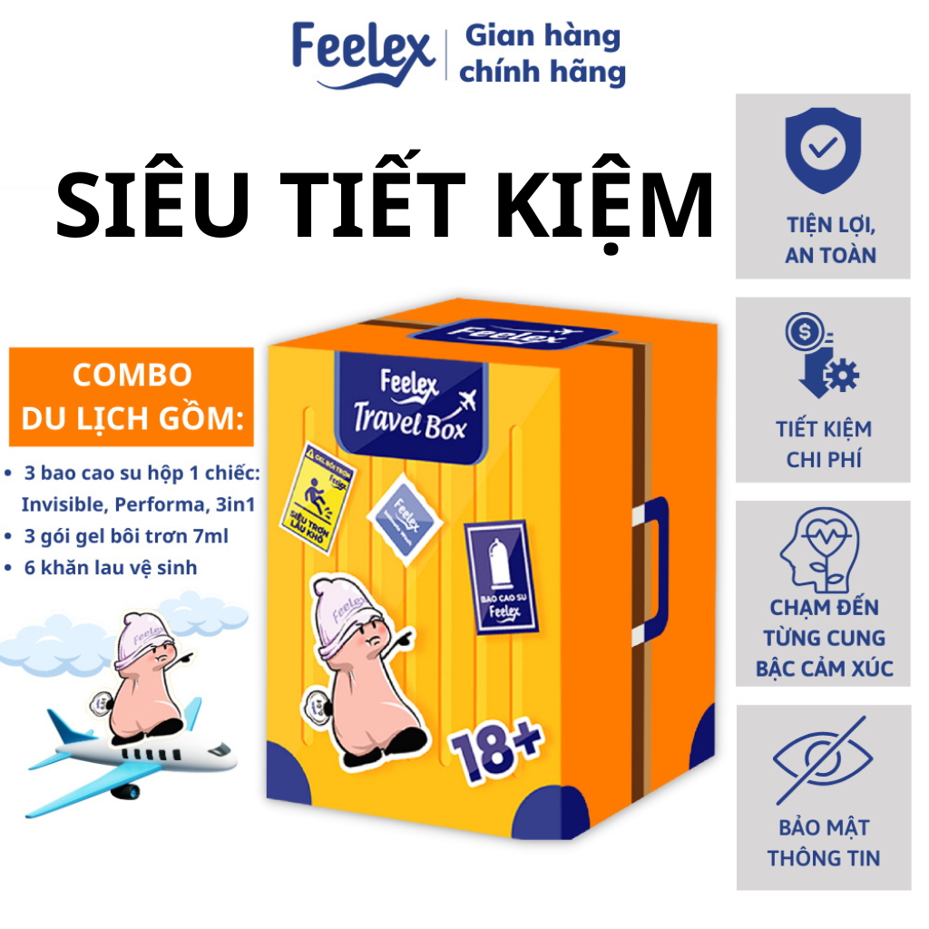 Combo đặc biệt bao cao su Feelex Travel Box, đủ loại siêu mỏng, gân gai, kéo thời gian tặng kèm gel bôi trơn, khăn lau