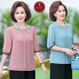 Áo Trung Niên Cho Mẹ Tay Lỡ Cổ Hoa, Chất Liệu Voan Lụa Mềm Mại Đẹp VITALY A14