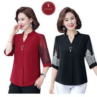 Áo Nữ Trung Niên, Áo Đẹp Cho Mẹ,Bà Cổ Trụ Ống Tay Họa Tiết Kiểu Dáng Sang Trọng,Lịch Sự Tôn Dáng VITALY  A10