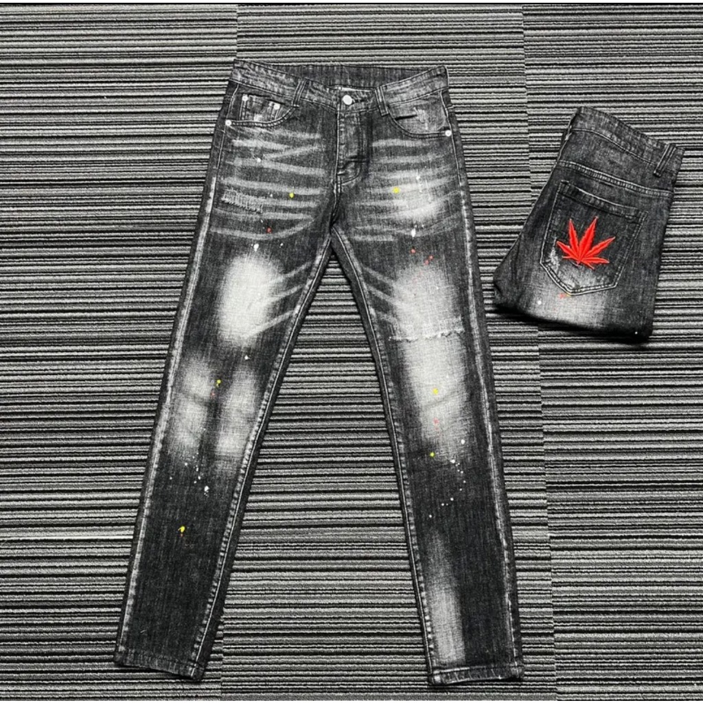 Quần jean nam DSQ xám đen thêu lá phong đỏ chất jean cotton co giãn form slimfit ống ôm mẫu mới cao cấp-AHFASHION
