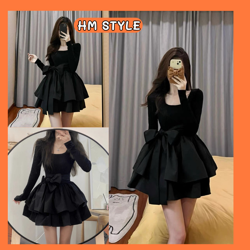 Váy xoè cổ vuông dài tay thắt nơ to thắt eo, váy công chúa màu đen chất đũi trơn HV163 HMStyle