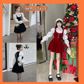  Set váy yếm nhung chiết eo dáng xòe + áo sơ mi trắng dài tay bo chun siêu xinh HB328 HMStyle 