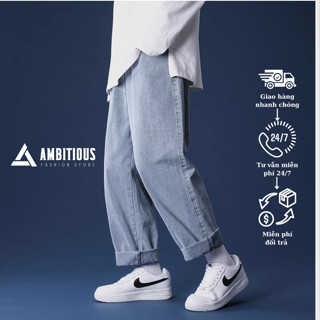 Quần Jean Nam Ống Suông Dáng Rộng Phong Cách Unisex 2 Chất Vải Cao Cấp Màu Xanh Nhạt, Đen Trơn  Có Tại Ambitious Store