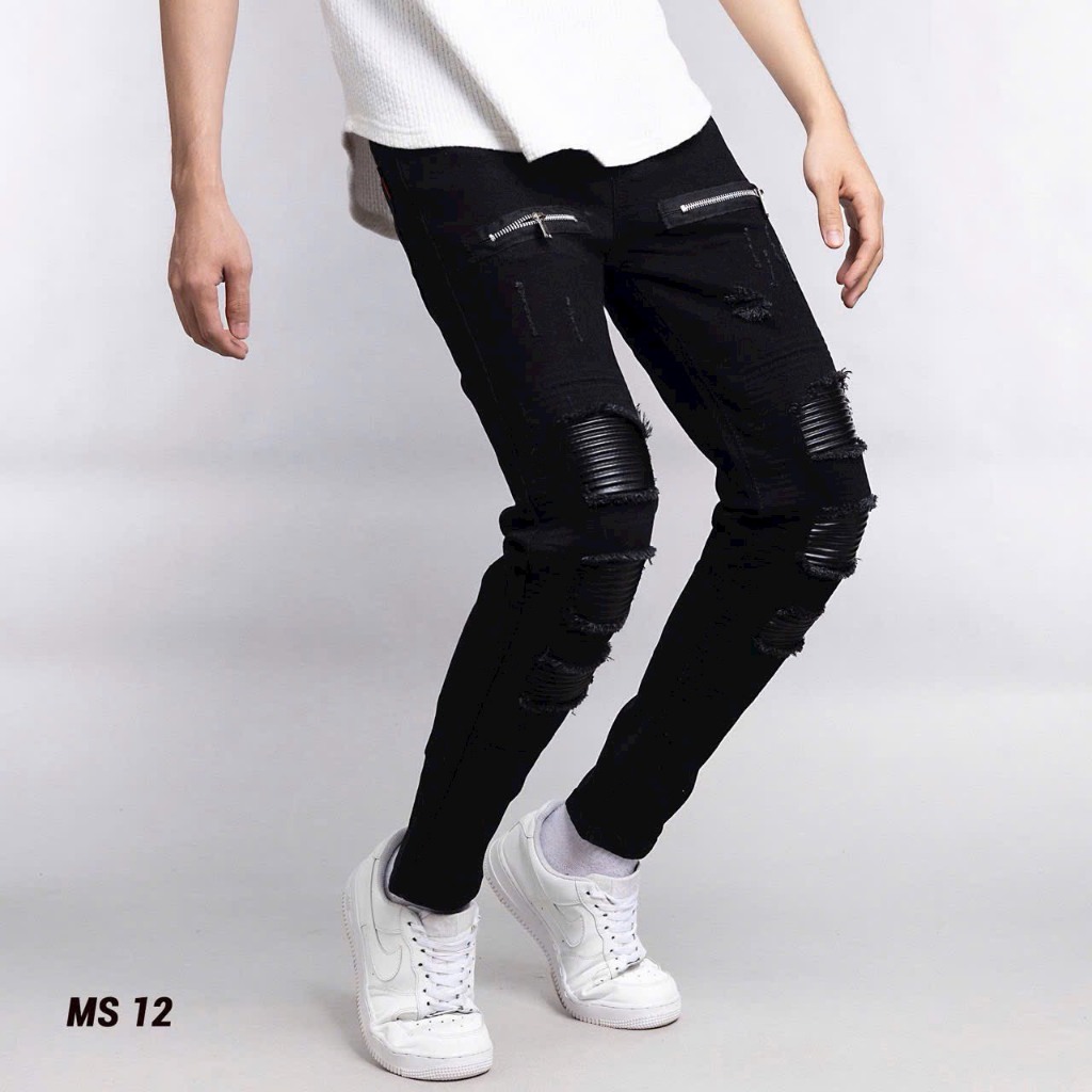Quần jean nam đen boy phố rách gối vá da vải co giãn tốt bền màu mẫu mới cao cấp-AHFASHION