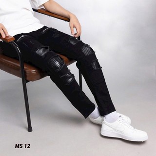 Quần jean nam đen boy phố rách gối vá da vải co giãn tốt bền màu mẫu mới cao cấp-AHFASHION