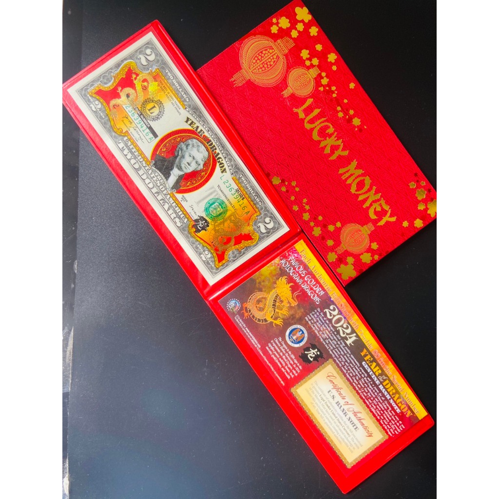 Lì xì tết 2024 Giáp Thìn Tờ 2 USD Hình Con Rồng 2024 May Mắn Tài Lộc, Quà tặng phong thủy Tết