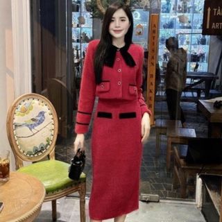 Set dạ lông thỏ dáng dài nơ nhung- ana'dress