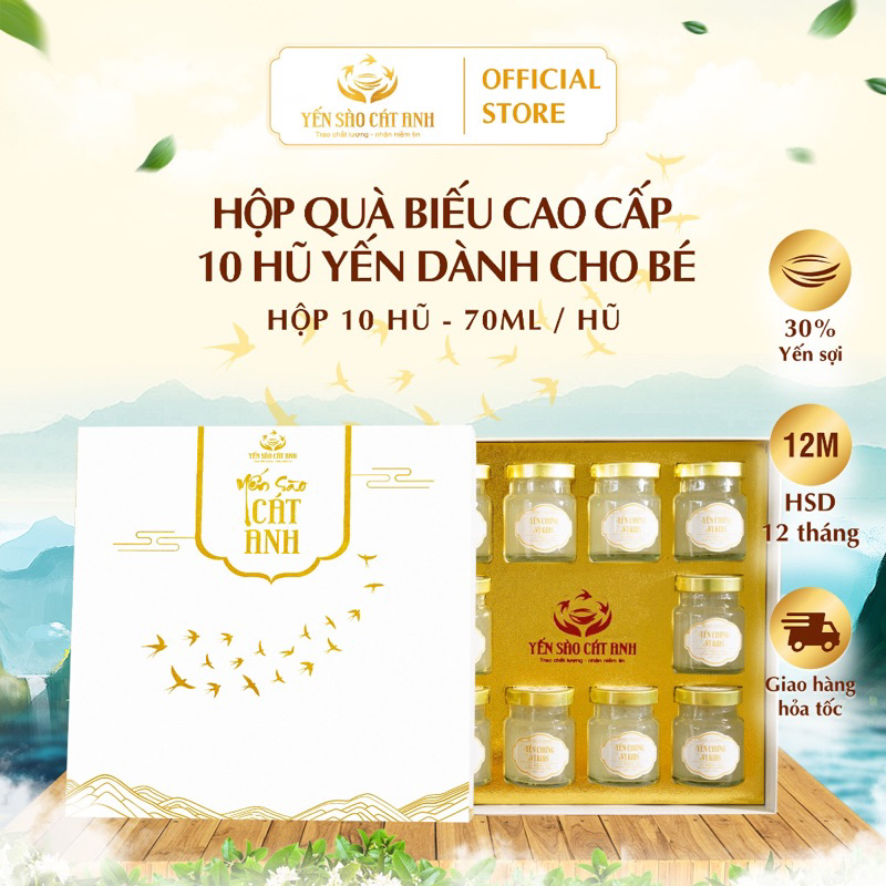 HỘP QUÀ 10 HŨ YẾN CHƯNG SẴN DÀNH CHO BÉ - Yến Sào Cát Anh - Khánh Hòa - 70ml 30% Yến