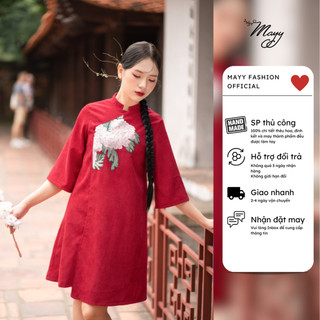 Đầm thiết kế cao cấp MAYY FASHION cổ tàu Cúc Mẫu Đơn