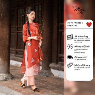 Áo dài cách tân nữ MAYY FASHION tơ óng đỏ cam thêu hoa cúc rơi Cúc Chi