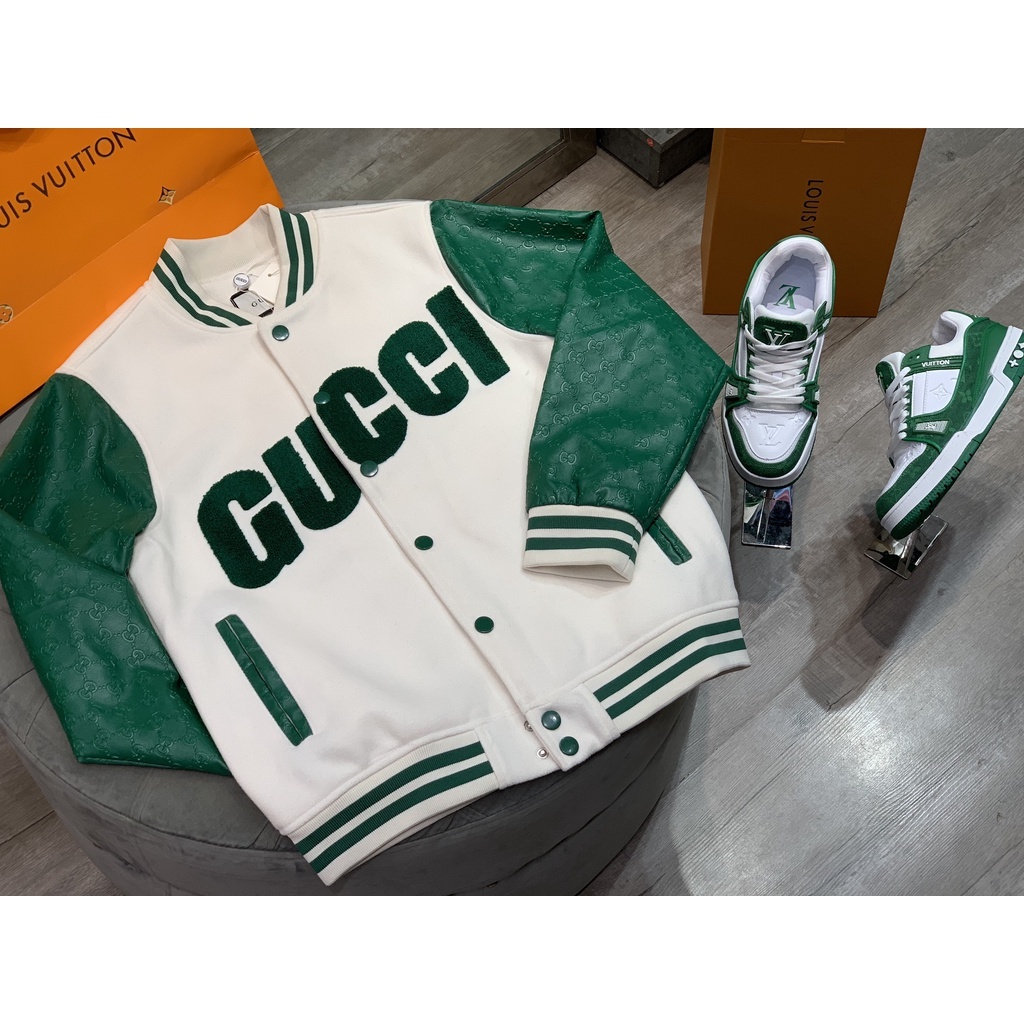 Áo varsity jacket da nam xanh lá hàng quảng châu cao cấp