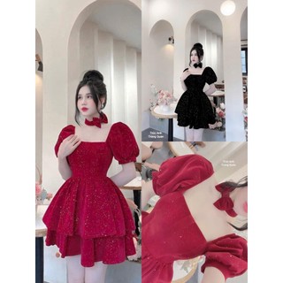 Đầm thời trang nữ mặc chơi Tết chất nhung kim tuyến cổ vuông cúp ngực tay phồng ngắn váy xoè phối tầng kèm thắt nơ cổ Kh