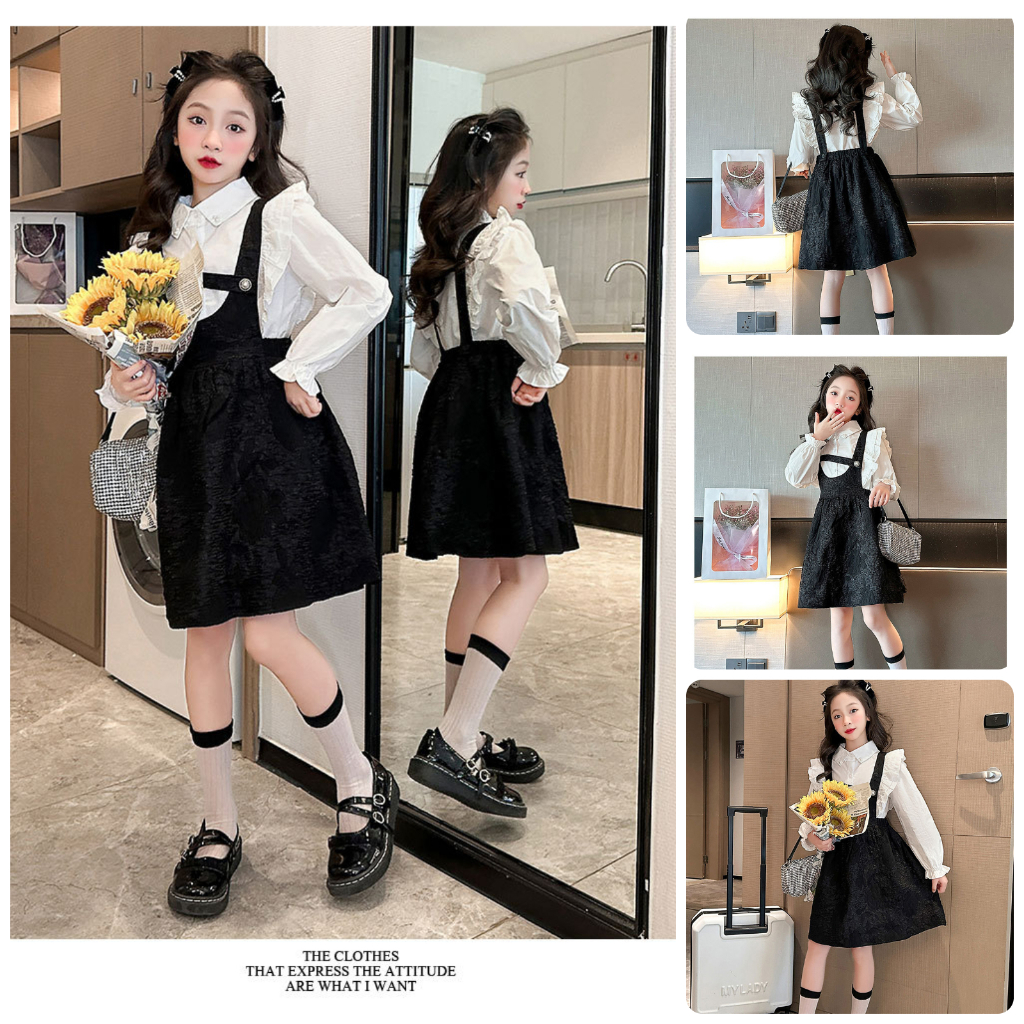 bộ váy bé gái lớn size đại áo sơ mi dài tay chân váy yếm vải VT23 size 130-170 2-45 kg thời trang trẻ em hàng quảng châu