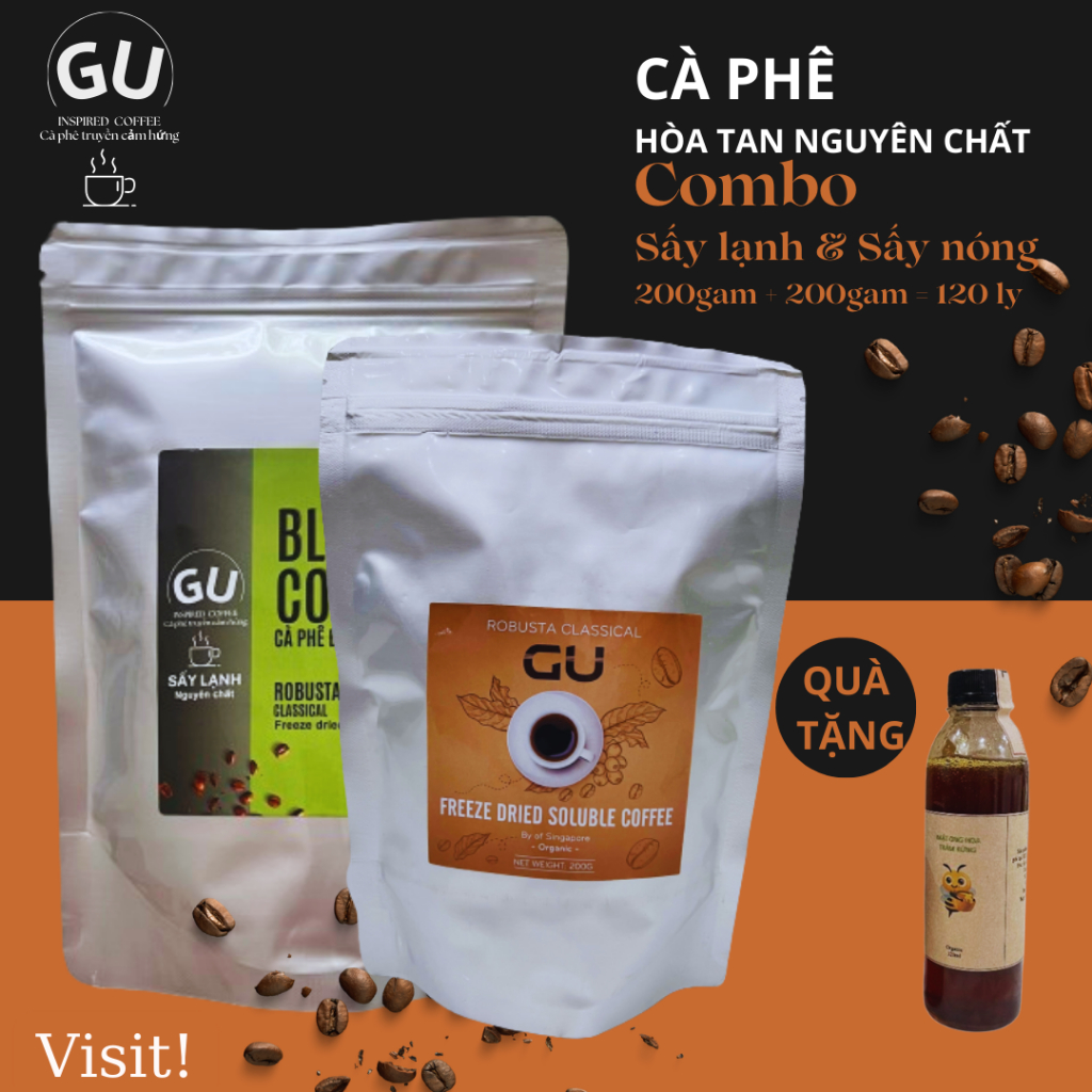 Combo Cafe Sấy lạnh và Sấy nóng, cà phê hòa tan nguyên chất (2 TÚI x 200G/120 LY)