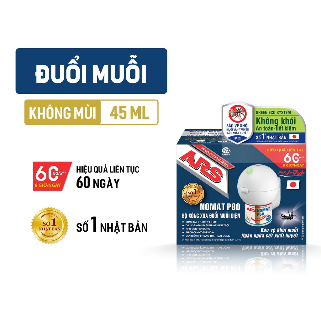 Bộ xông đuổi muỗi điện ARS Nomat 45ml hiệu quả suốt 60 ngày