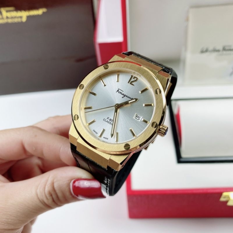 Đồng hồ nam Salvatore Ferragamo F80 Classic máy thuỵ sỹ dây da bọc cao su siz 40mm