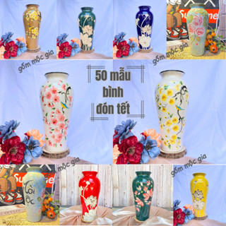 Lọ hoa gốm mộc, Bình hoa cắm đào, tuyết mai ,lựu , sen 2024 , mẫu đùi dế bát tràng cao cấp , hoạ tiết vẽ mộc H35CM