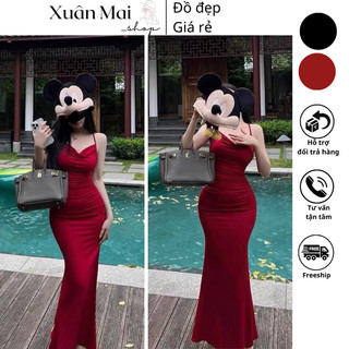 Đầm yếm cột dây cổ đổ hở lưng form dài ôm body đuôi cá chất ladong hai màu đen đỏ mặc Noel Tết