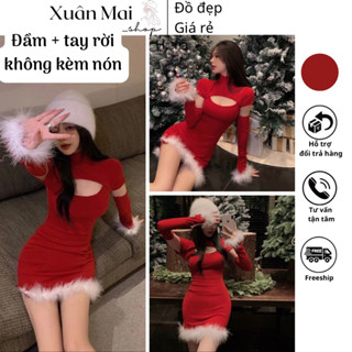  Đầm ôm body nữ trễ vai tay dài cổ mặc nhiều kiểu rút dây màu đỏ phối trắng mặc Noel 