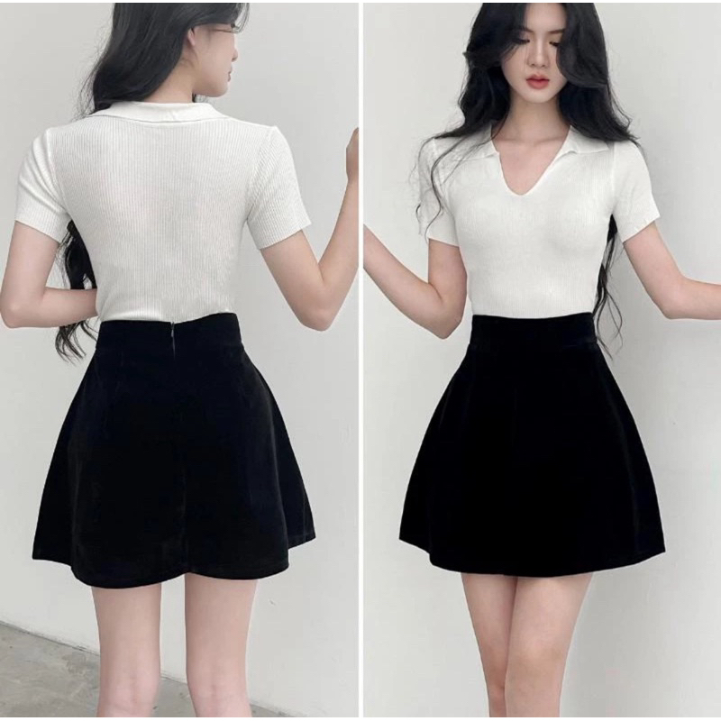 [pass] chân váy nhung ngắn chữ A lưng cao dáng bồng (size S)