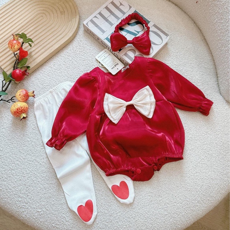 Set bodysuit cho bé gái kèm turban và quần tất, chất tơ óng siêu xinh cho bé đi tiệc diện Tết