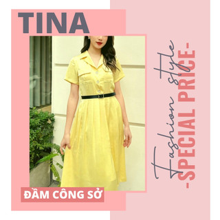 Đầm công sở, dây nịt rời, chất lụa mịn, cao cấp, thoáng mát, Đầm sơ mi cài nút, 2 túi ngực có nắp dáng dài qua gối sang