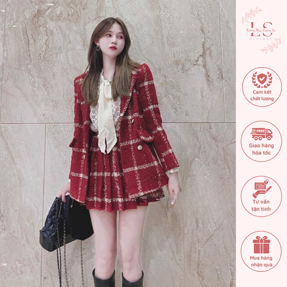 Set dạ vest caro đỏ to hai lớp chân váy xếp ly xoè hàng quảng châu xịn sò đỉnh xuất sắc