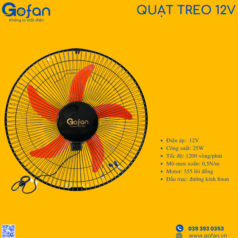 Quạt 12V-Quạt treo 12V-Quạt treo thân sắt B4 kẹp bình 12V-công suất 25W-GOFAN-sải cánh 40cm -lồng 45cm 96 nan- motor 555