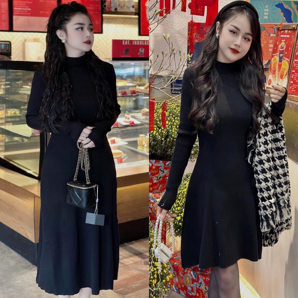 Váy len ngắn cổ lọ dáng xòe dài tay