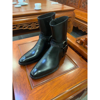 Harness Boots xích đen Da bò đế gỗ khâu 5cm