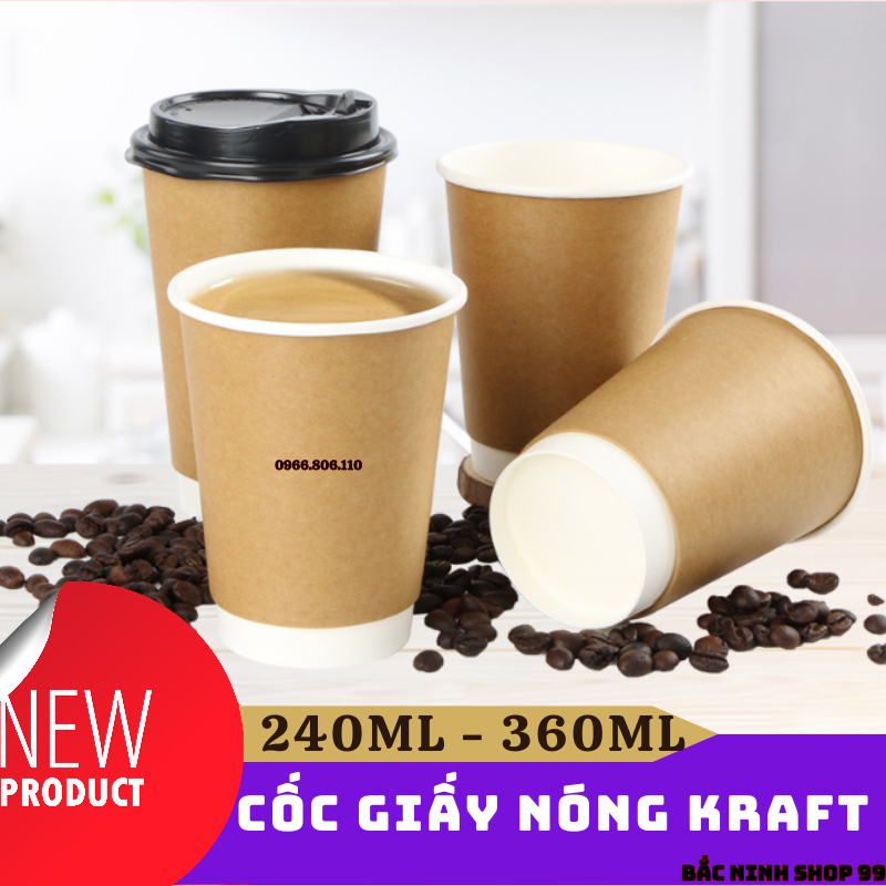50 Cốc giấy/Ly giấy cafe Kraft 240ml và 360ml cốc giấy 2 lớp siêu cứng cáp dùng 1 lần