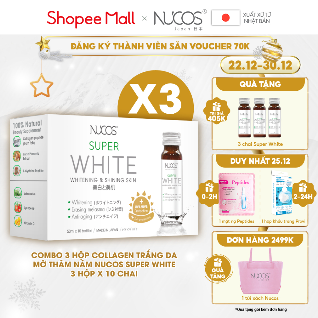 Combo 3 hộp nước uống collagen trắng da mờ thâm nám Nucos Super White 50ml x 3 x 10 chai