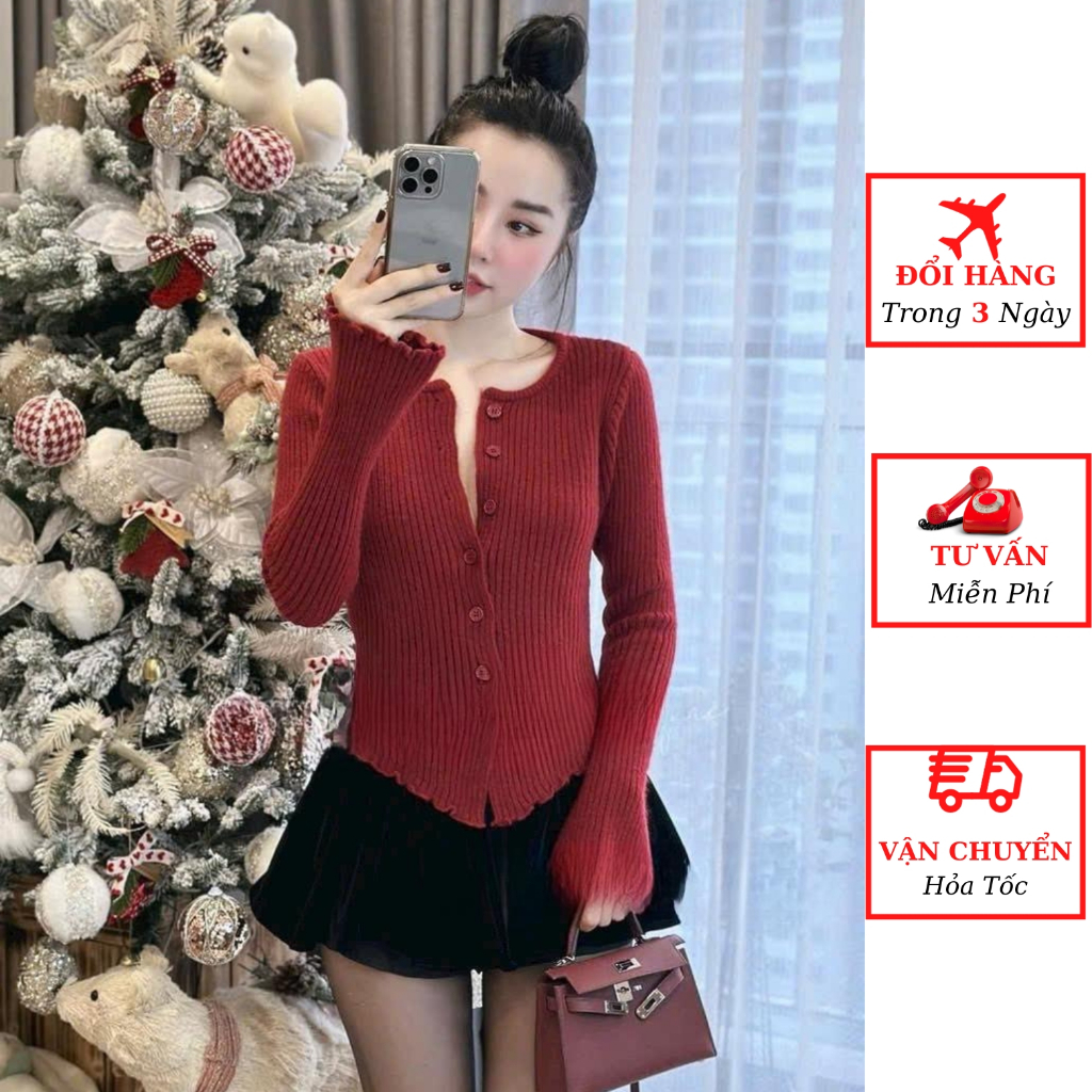 Áo len nữ tay loe khuy cài tiểu thư mùa đông