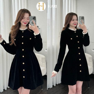 Váy nhung Hari cổ bèo khuy đồng tiểu thư sang chảnh 3550 P0K28