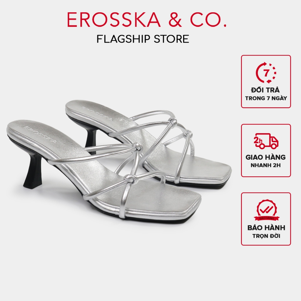 Erosska - Dép cao gót nữ mũi vuông phối dây quai mảnh màu bạc - EM110
