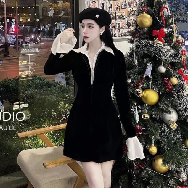 Váy nhung khoá lồng tay bèo dáng ngắn đầm sơ mi nữ diện tết LD365
