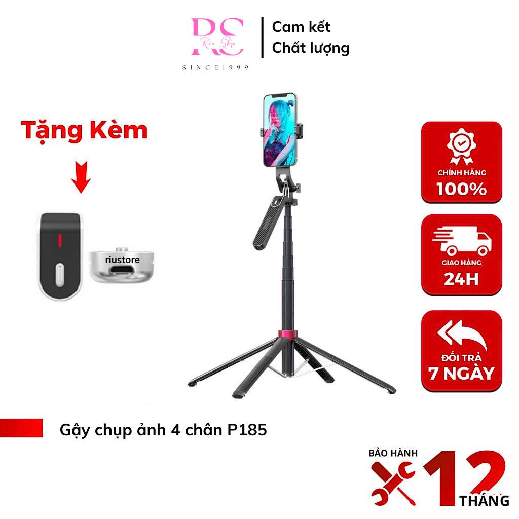Gậy chụp ảnh 4 chân P185 - Tripod điện thoại livestream, quay phim, chụp ảnh dài 180cm, Tặng remote kèm sạc