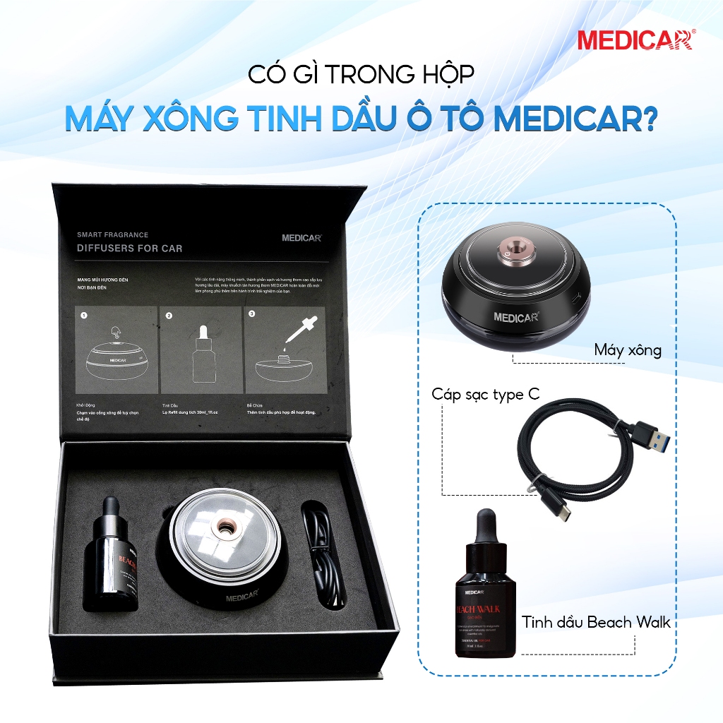 Máy xông tinh dầu ô tô năng lượng mặt trời Medicar, máy khuếch tán nước hoa xe hơi hiệu quả, lan đều bằng công nghệ AI