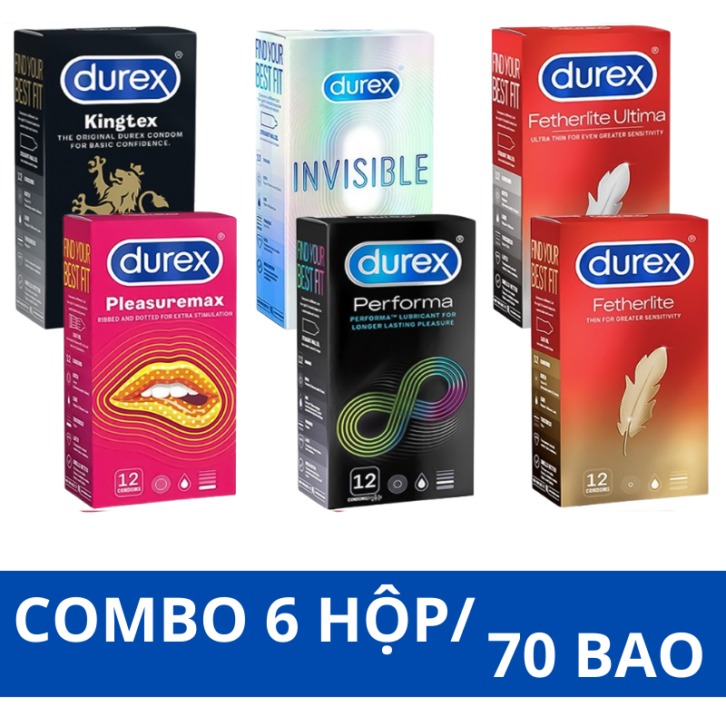 Combo 6 Hộp Bao Cao Su Durex 70 cái chính hãng tùy chọn pleasuremax. invisible. performa. kingtex. fertherlite ultima