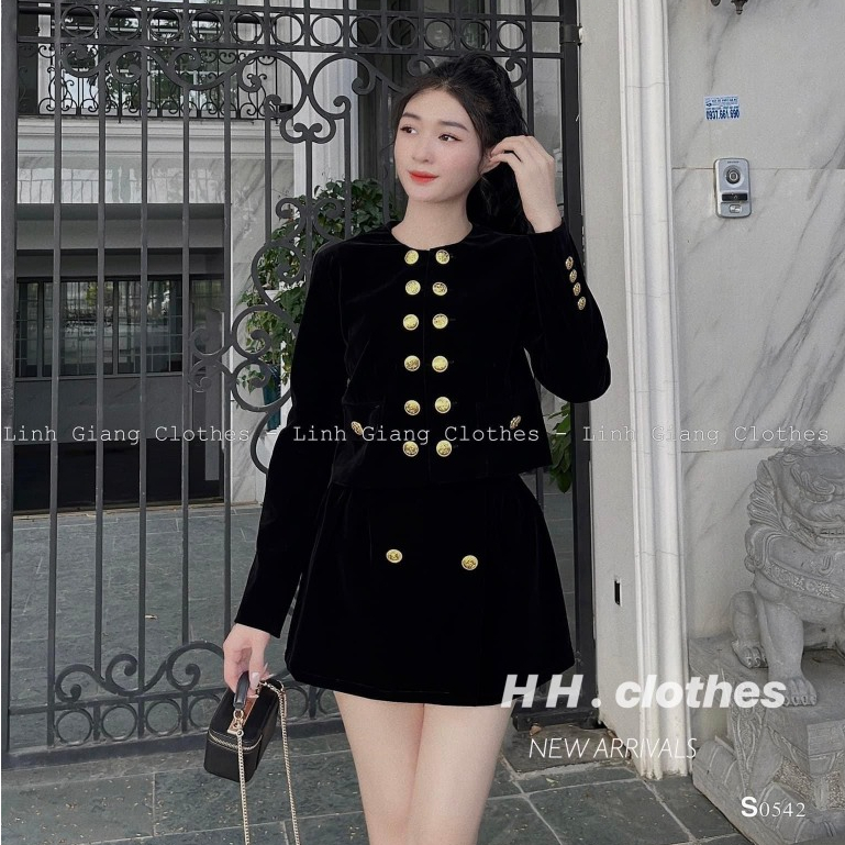 Set nhung cúc đồng siu chất nhung cứng chân váy ngắn xinh xắn đồ bộ nữ diện tết LD235