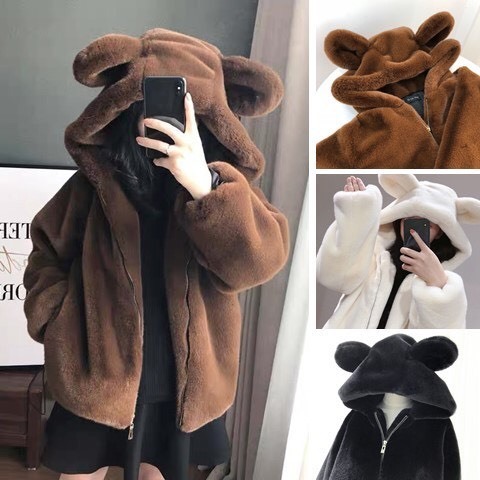 Áo hoodie lông cừu có mũ tai thỏ dáng bazzic phù hợp mọi vóc dáng, áo lông quả bông, áo phao