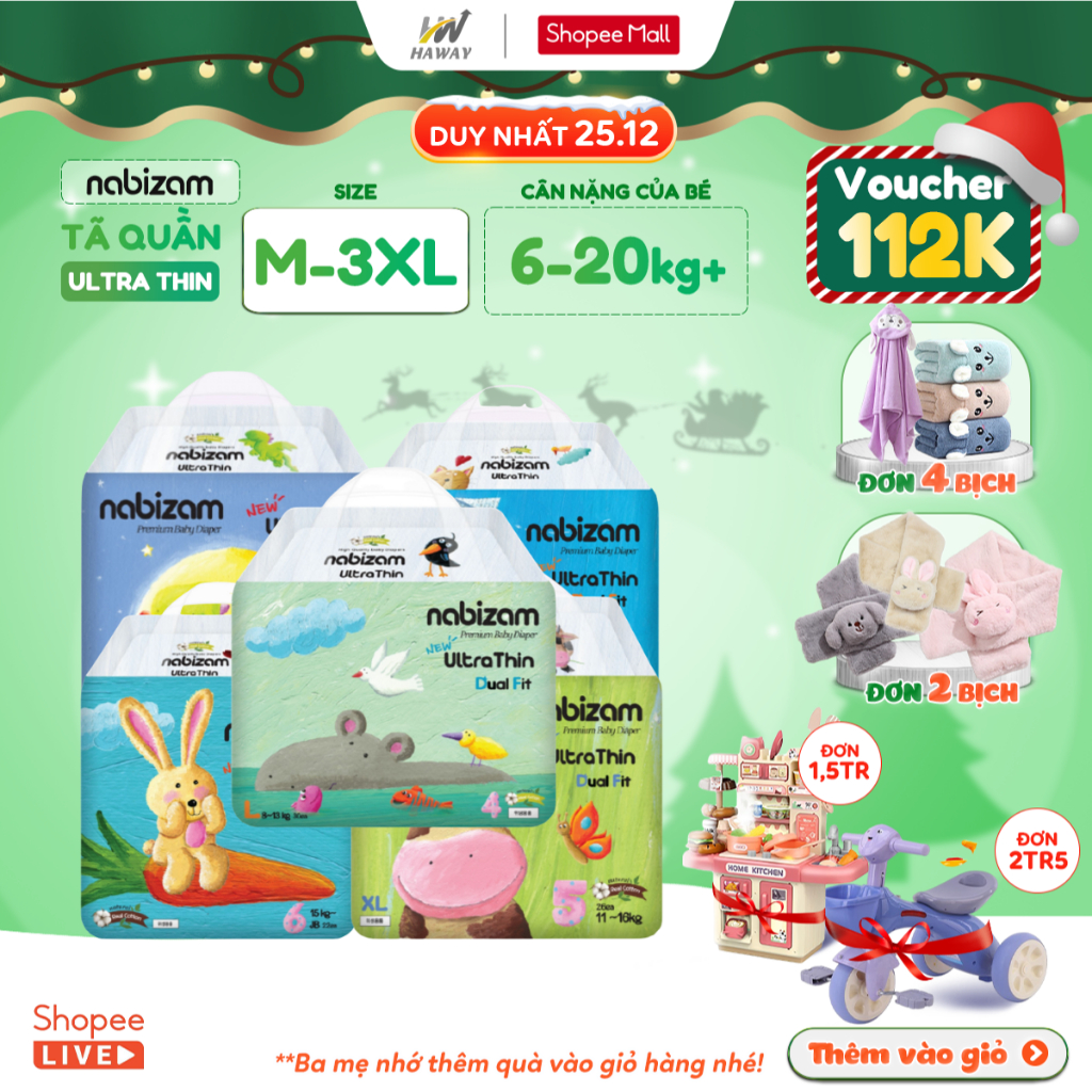 Tã Quần NABIZAM Ultra Thin M32/L30/XL26/2XL22/3XL20 Cho Bé 6-25kg, Nội Địa Hàn, Mềm Mại, Mỏng Nhẹ HAWAY
