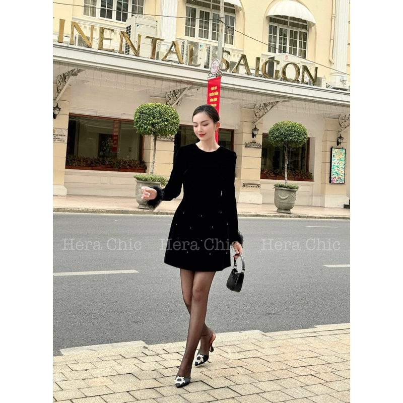 Váy Nhung KATTY DRESS  chất nhung mềm cao cấp phối lông cổ tay HERA CHIC thiết kế