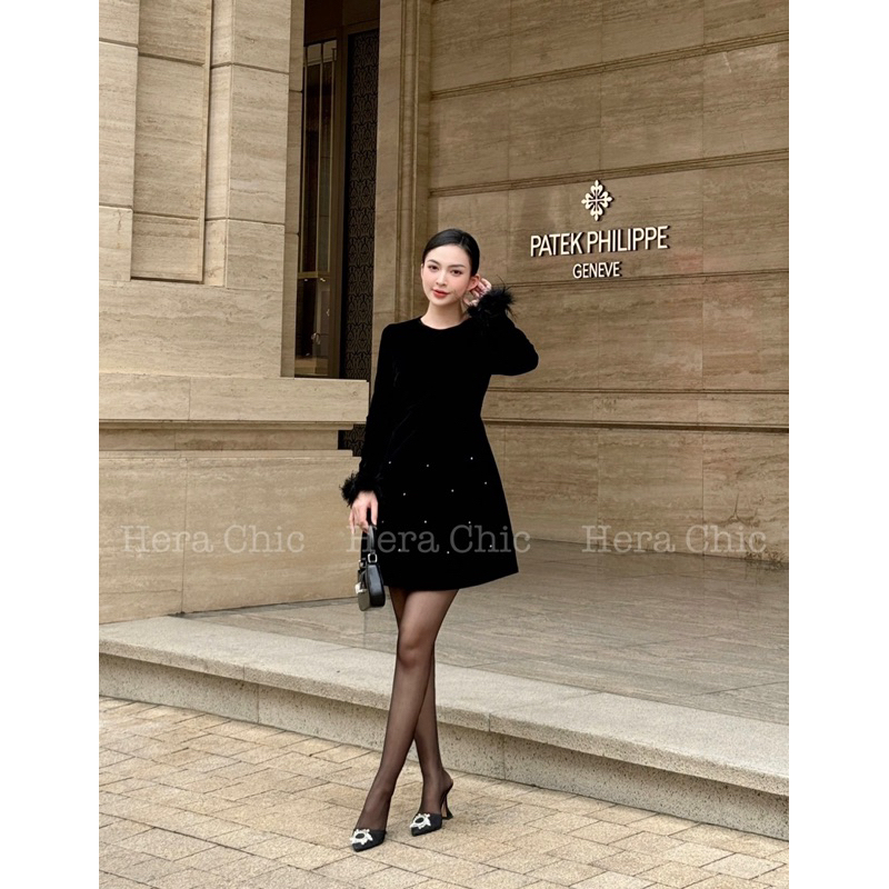 Váy Nhung KATTY DRESS  chất nhung mềm cao cấp phối lông cổ tay HERA CHIC thiết kế